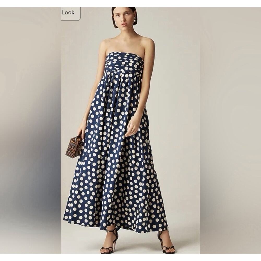 J. Crew Collection Strapless Bow-back Maxi Dress Navy PolkaDot Size 6 - Picture 3 of 6